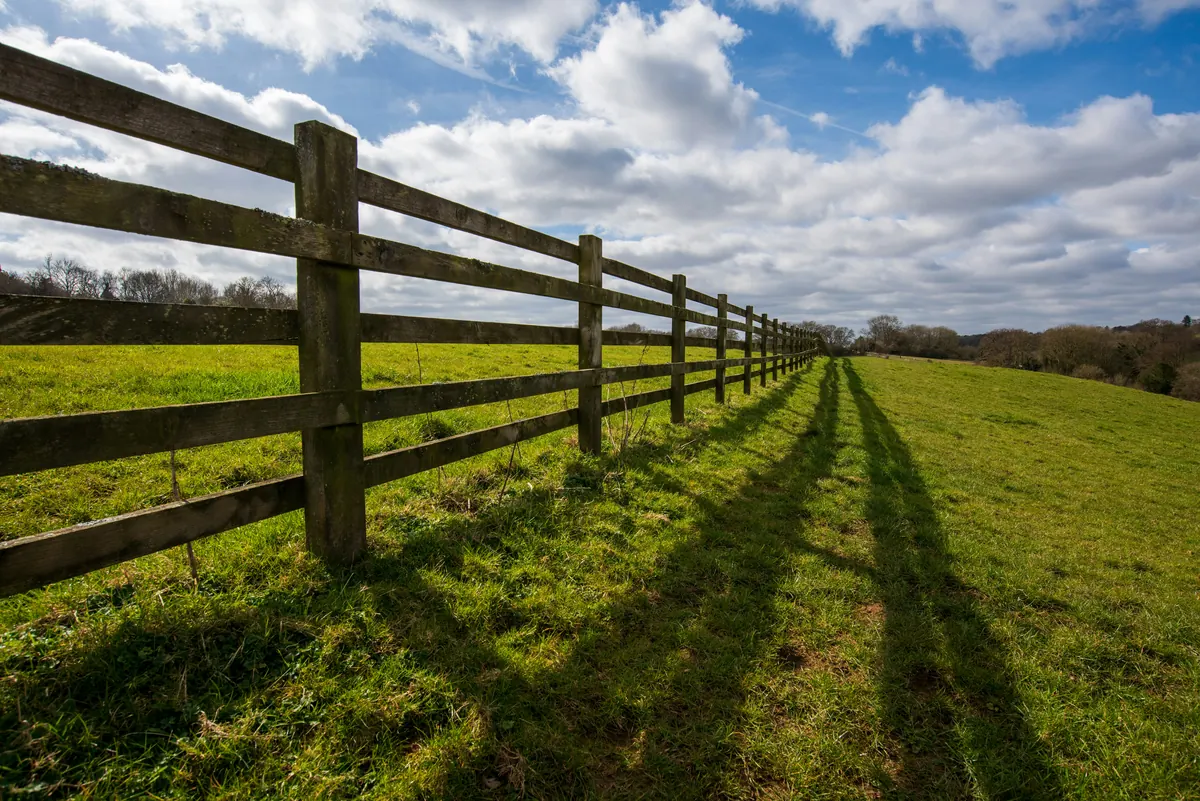 Wood rail fence running along a green pasture